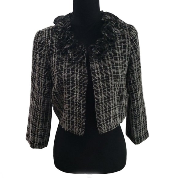 karin stevens Jackets & Blazers - Karin Stevens Black White Checked Pattern Ruffled Jacket Size 4P